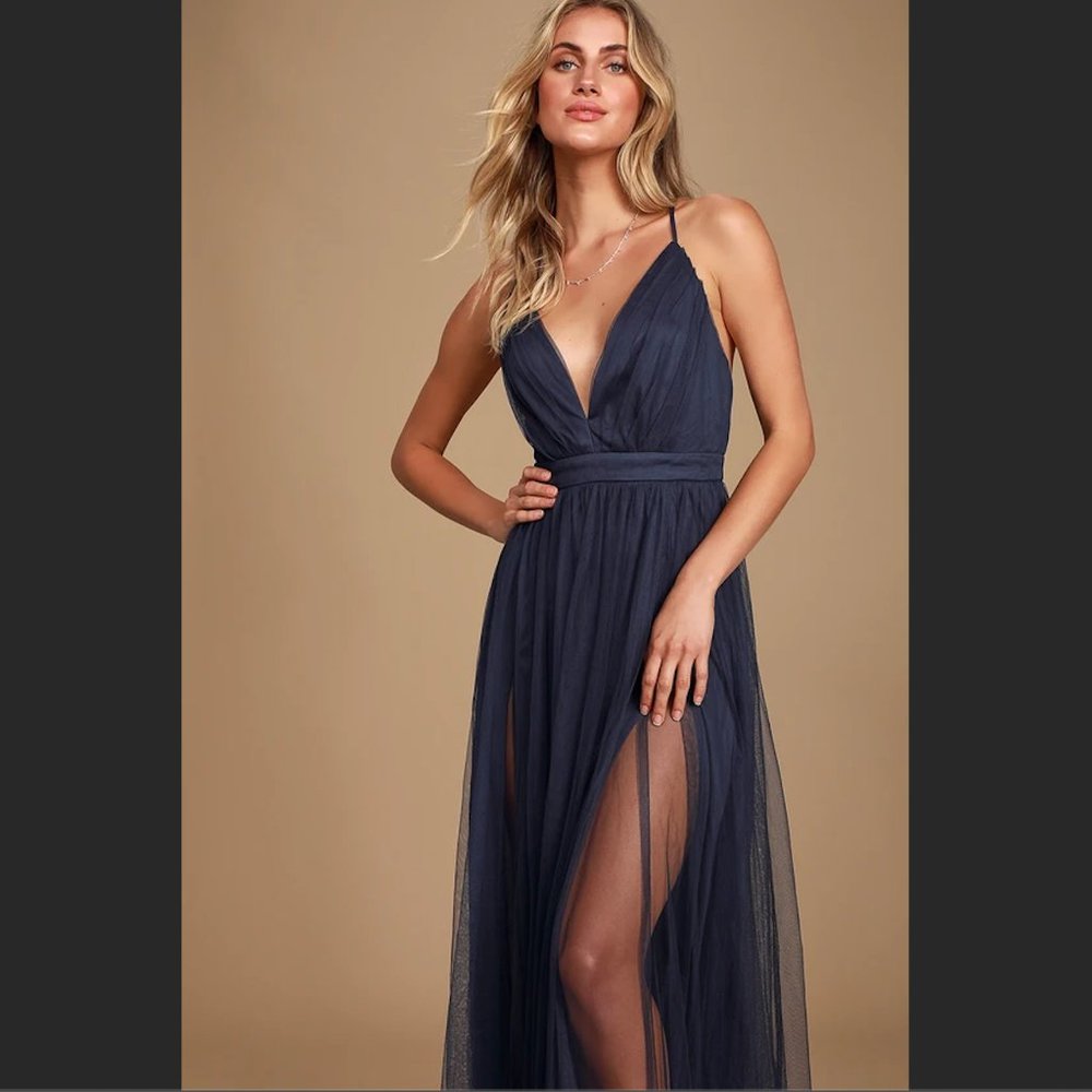 [Petite, Hemmed] Lulus Rare Beauty Navy Blue Backless Maxi Dress XXS